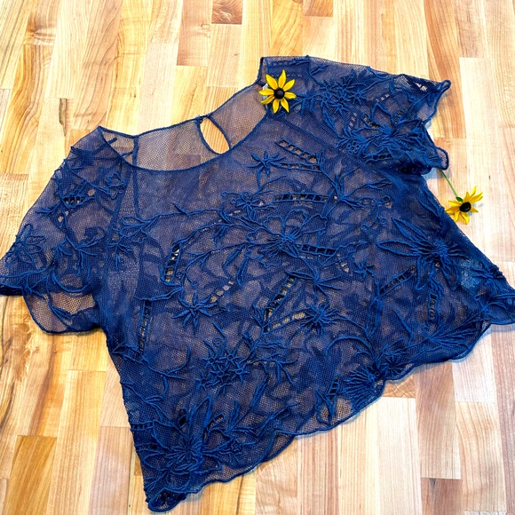 Anthropologie Vanessa Virginia Sheer crop top mesh cutout in Navy - Picture 1 of 4